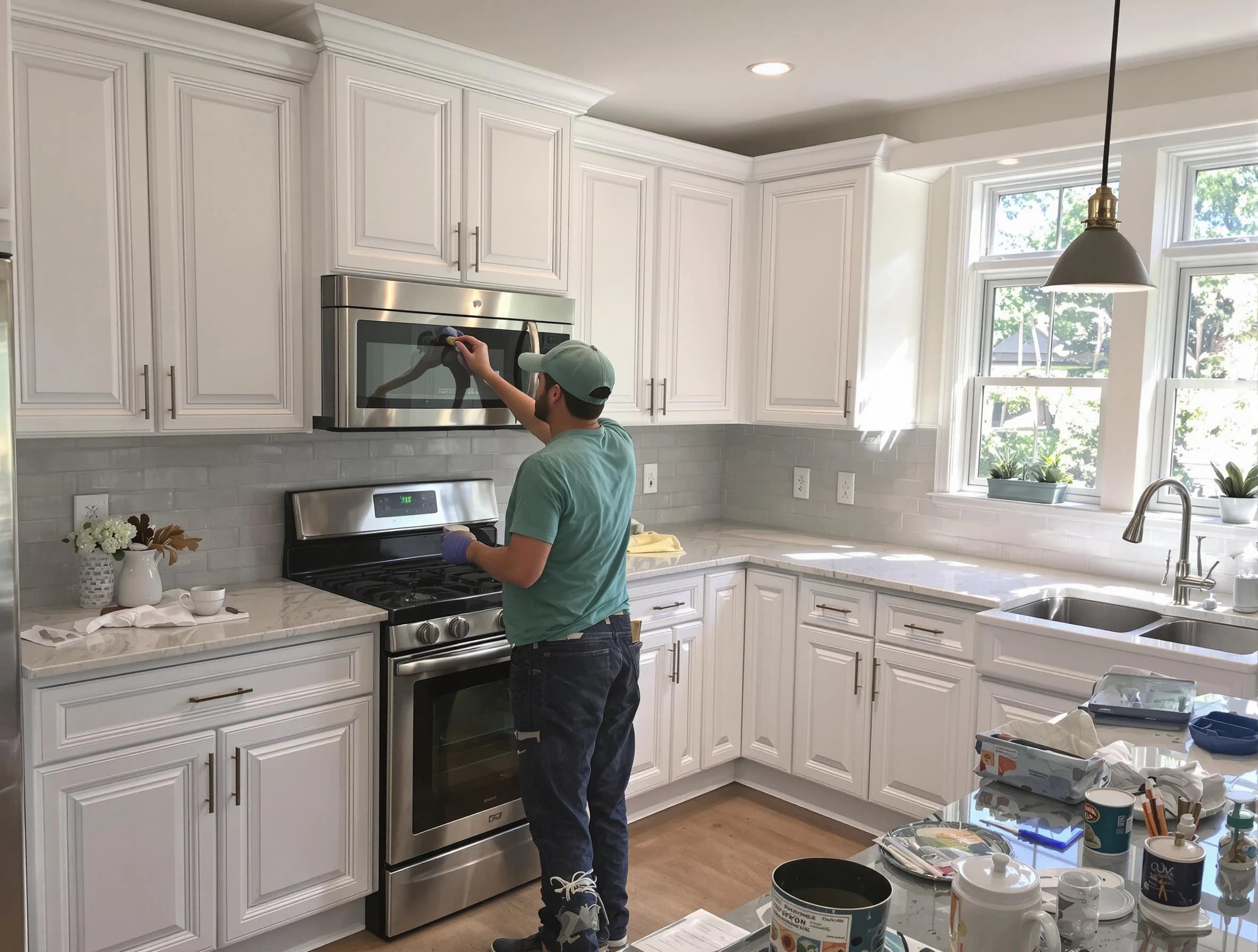 Kitchen cabinets being refinished by University Heights House Painters in University Heights, OH