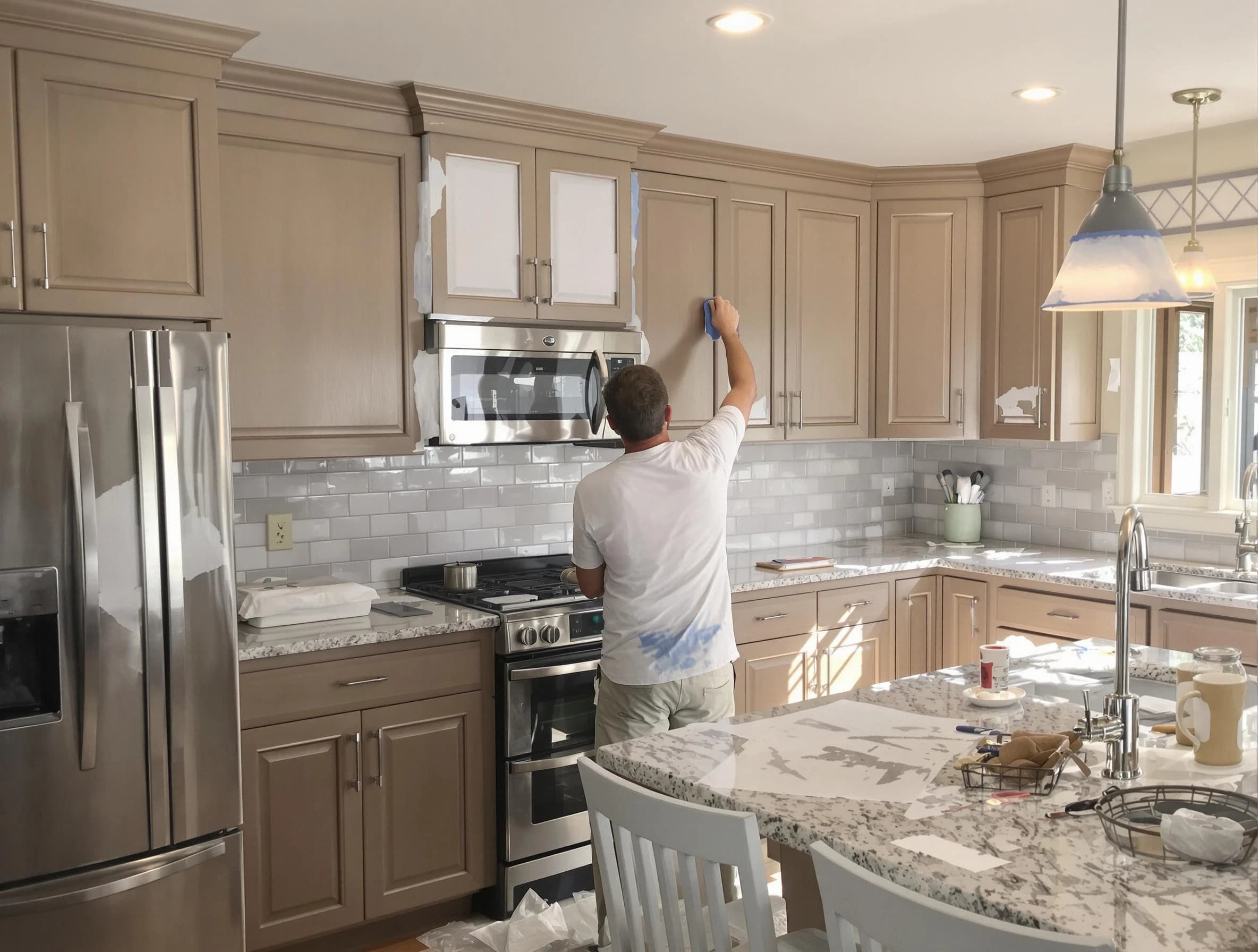 Before-and-after view of kitchen painting by University Heights House Painters in University Heights