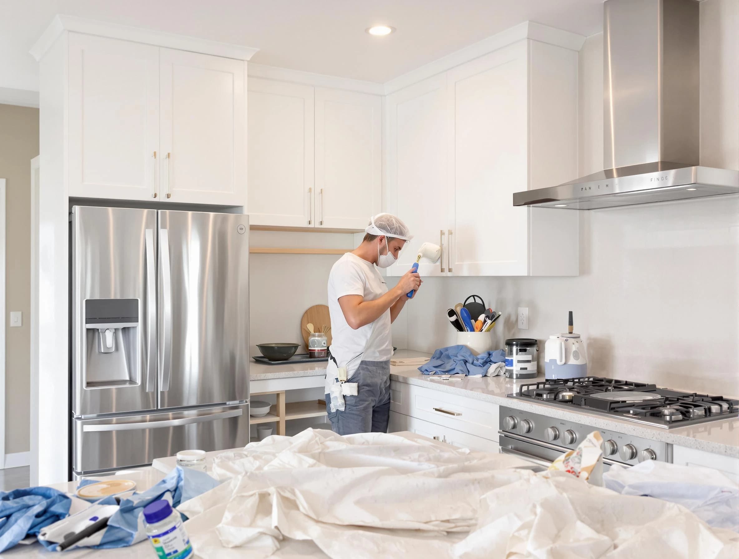 University Heights House Painters painter applying a fresh coat in a kitchen located in University Heights, OH